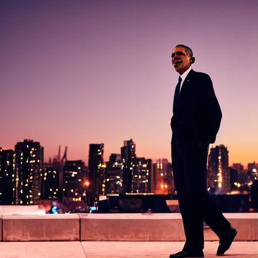 Image similar to a still of Barak Obama. Shallow depth of field. City at night in background, lights, colors ,studio lighting, mood, 4K. Profession photography