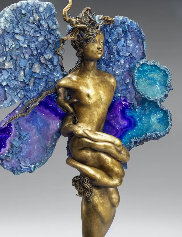 Prompt: a photo of a sculpture of a winged child made from blue and emerald and amethyst crystal geode formations with a marble egg with obsidian base with liquid gold tendrils flowing by ellen jewett by stanisław szukalski, octane render, byzantine, spirals, tendrils, elestial crystals, geode,