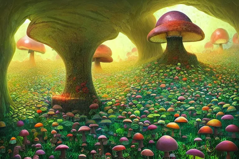 Image similar to surreal glimpse into other universe, stuck in a mushroom cave, summer morning, very coherent and colorful high contrast, art by!!!! gediminas pranckevicius!!!!, geof darrow, dark shadows, hard lighting