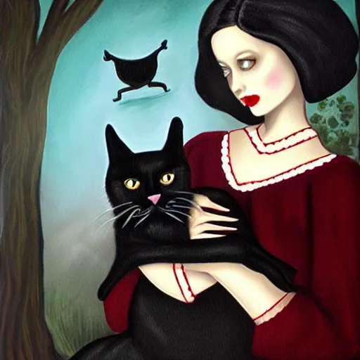 Prompt: a painting of a woman holding a cat, a character portrait by mark ryden, featured on deviantart, gothic art, tarot card, deviantart, gothic