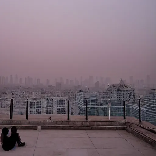 Image similar to a small rooftop with a couple of people sitting and watching the view, wearing black modern clothes, designed by rick owens, messy short hair, modern shanghai bund in smog is on the background, sunset, pale colors, by gregory crewdson