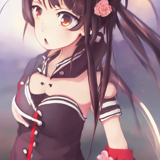 Prompt: Shipgirl Murakumo from Kantai Collection ,Kancolle, cute, Beautiful depiction of a anime girl , intricate, elegant, highly detailed, digital painting, 4k, HDR, concept art, smooth, sharp focus, illustration,Raytracing , Anime wallpaper ,intricate, elegant