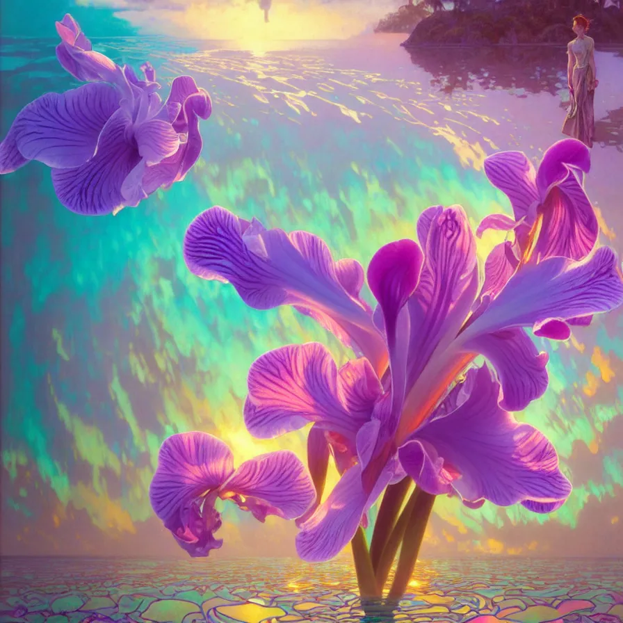 Image similar to detailed giant pastel holographic orchid iris hybrid flower surrounded by ocean waves, lsd water, lsd ripples, droplets, backlit, sunset, refracted lighting, art by collier, albert aublet, krenz cushart, artem demura, alphonse mucha