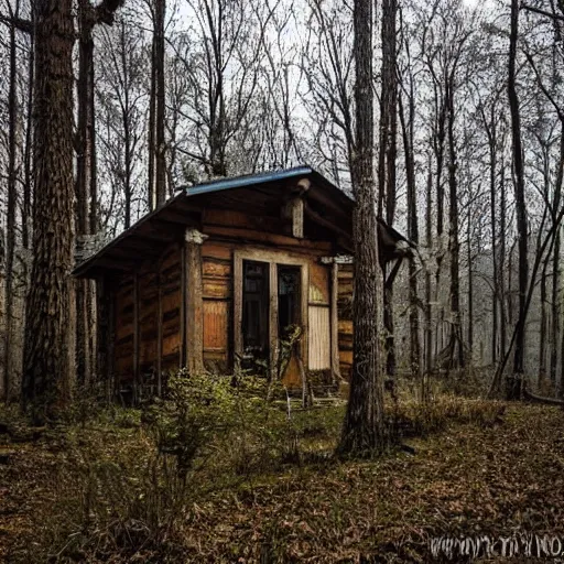 Image similar to an eerie cabin in the middle of the woods,