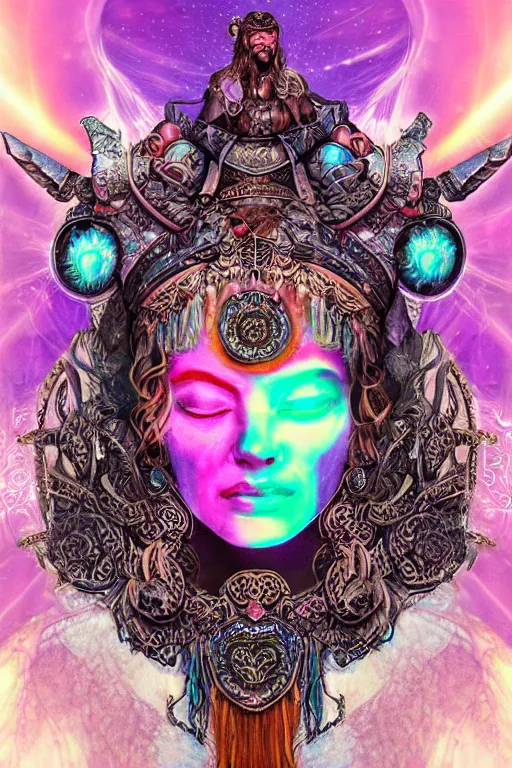 Image similar to opalescent retrofuturistic digital airbrush illustration of a viking wearing an ornate gpu headpiece and holding a flower with a map of the collective subconscious in the background by luigi patrignani