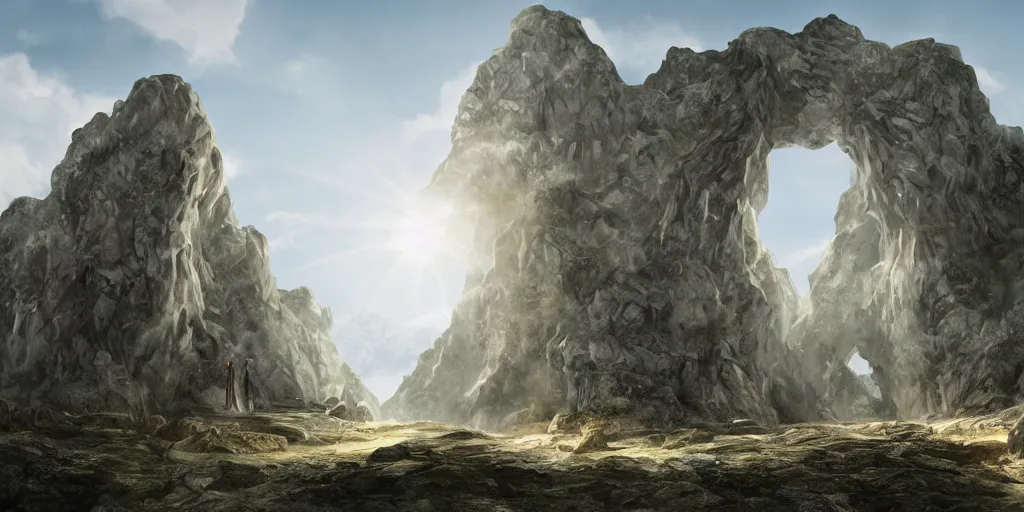 Image similar to two giant white marble statues flanking a cave entrance into a mountain, extremely detailed digital matte painting, clear skies, sunlight, god rays