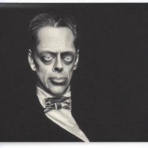 Image similar to portrait of Steve Vincent Buscemi in a tuxedo, realistic portrait, illustration by Gustave Doré