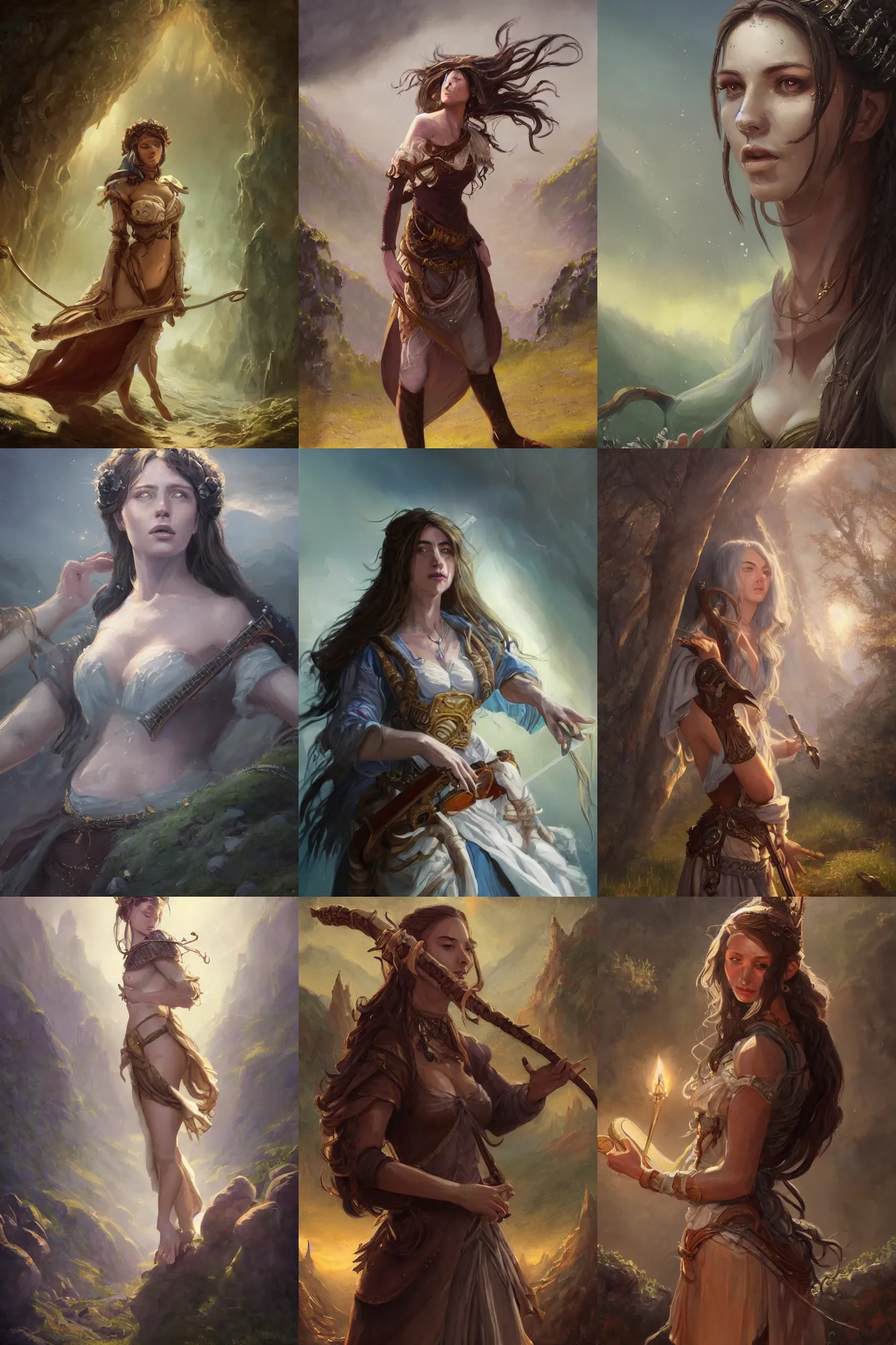 Prompt: a full body high detail fantasy portrait oil painting illustration of a single beautiful bard woman by justin sweet and greg rutkowski with face and body clearly visible, in a scenic background, pretty eyes, realistic proportions, d & d, rpg, forgotten realms, artstation trending, high quality, sombre mood, artstation trending, muted colours, entire person visible!