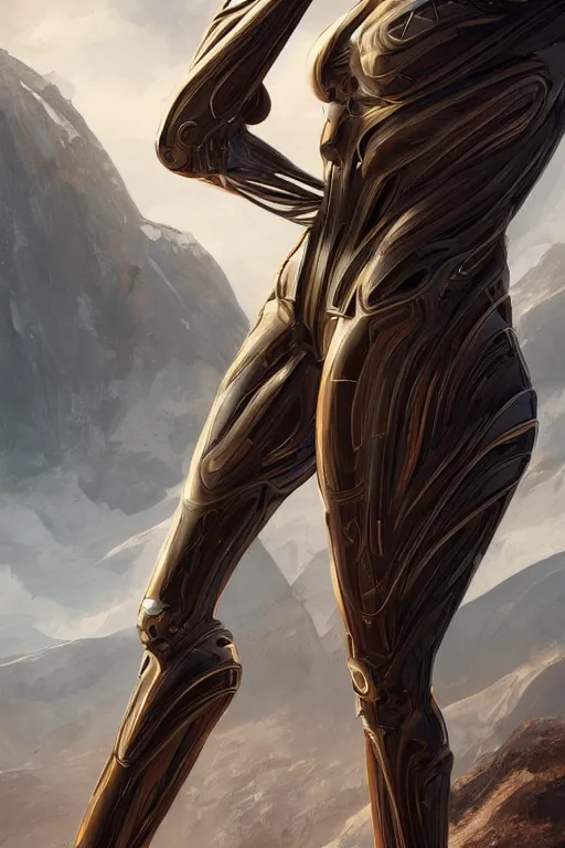 Image similar to full figure portrait, dynamic pose, of a thin elongated female android made of chrome and woodgrain, lean sleek styling, feminine curves, reflective, inscribed etched with gnostic runes, by jessica rossier