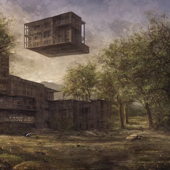 Prompt: a building in a serene landscape, military science fiction