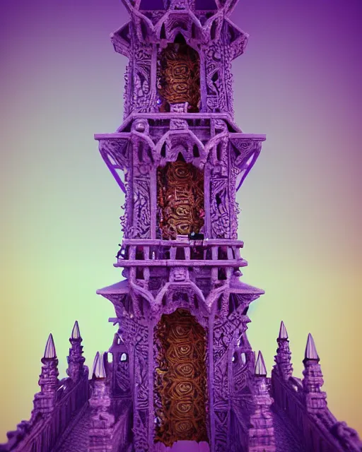 Prompt: detailed painting giant intricate tower structure carved out of complex bone with royal purple gems rendered in cinema 4 d octane