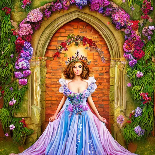 Image similar to Queen of the Fae wearing a crown of flowers and brocaded sleeveless gown, inside, archways, intricate brickwork, highly detailed, colorful, hyper realism, 4k