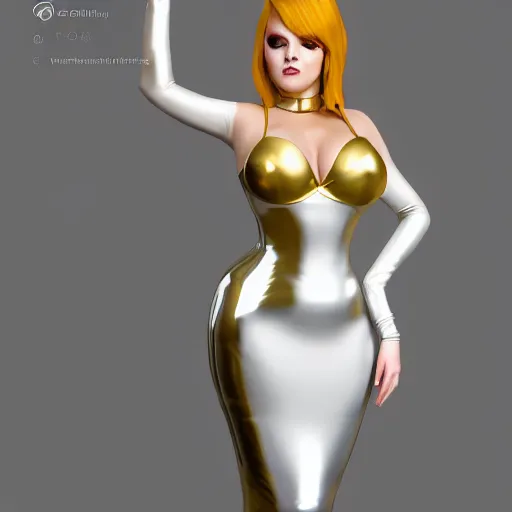 Image similar to curvy feminine hot goth cutie in a sublime elegant polished white latex neck-high gown with golden trim and latex leggings, thin waist, cgsociety, photorealistic, comfy ambience, idealistic, 16k, smooth, sharp focus, trending on ArtStation, volumetric lighting, fully clothed, worksafe