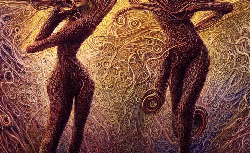 Image similar to beautiful psychedelic goddess enrobed in tentacles in the style of peter gric