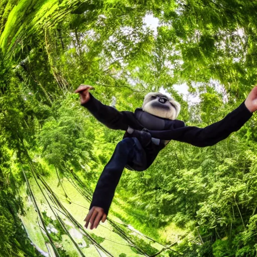 Image similar to gibbon gangling upside down from a hot - air balloon, posing for the camera, fisheye lens