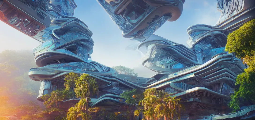 Prompt: highly detailed futuristic architecture by Frank Lloyd Wright, reflective lighting, holographic, stylized vegetation, ground-level view, puddles of turquoise water, foggy atmosphere, stunning sunny lighting, sunrise, vivid colors, in the style of pixar animation, trending on Artstation, 8k, matte painting, ray tracing, hyper detailed, unreal engine 5, cinematic, epic lighting, cryengine, octane render, cyberpunk, red and orange glow, vibrant