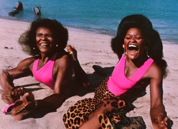 Image similar to polaroid eartha kitt in a leopard swimsuit and marsha p johnson in a pink swimsuit laughing together on a beach