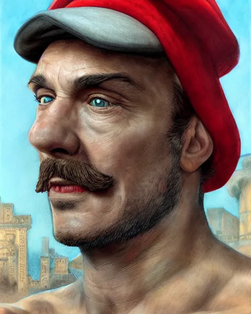 Prompt: portrait of super mario in game of thrones, red cap, beautiful, very detailed, hyperrealistic, medium shot, very detailed painting by Glenn Fabry, by Joao Ruas