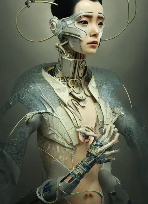 Image similar to portrait of a futuristic geisha cyborg, kintsugi, modern fine art, fractal, intricate, elegant, highly detailed, digital photography, subsurface scattering, by jheronimus bosch and greg rutkowski,