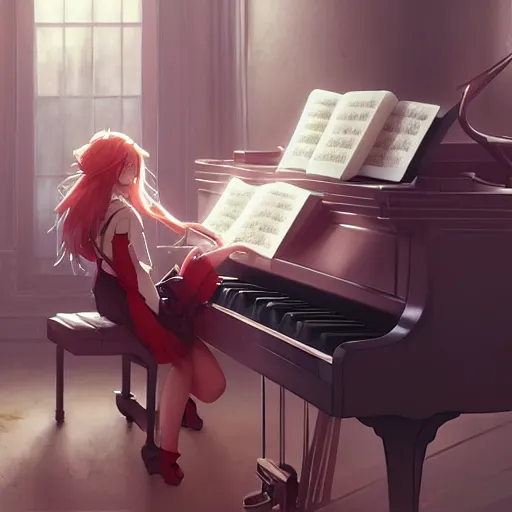 Image similar to anime girl Playing the Piano instrument , digital Art, Greg rutkowski, Trending cinematographic artstation