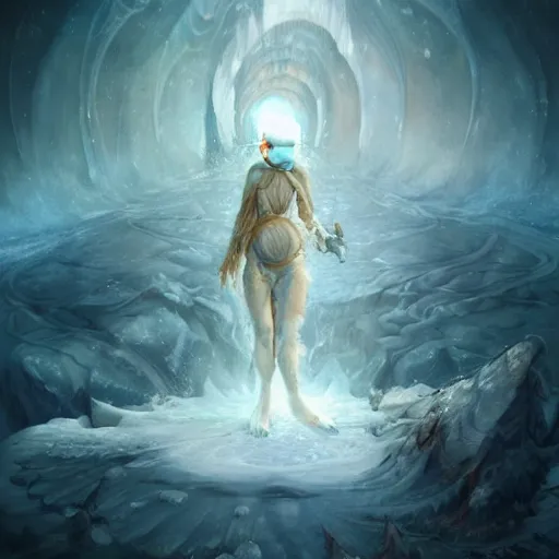 Prompt: a hyperrealistic illustration of a monster in the Arctic, snow on the monsters body, blue transparent ice with fractal sunlight, award-winning, masterpiece, in the style of Tom Bagshaw, Cedric Peyravernay, Peter Mohrbacher