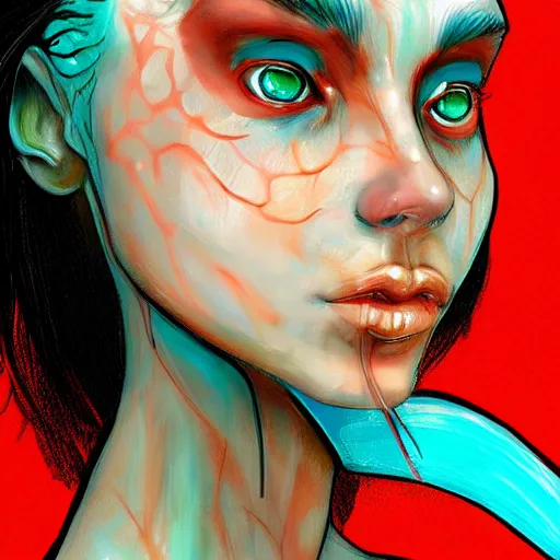 Image similar to a beautiful aquatic humanoid, gorgeous person with gills on their neck and fin - like ears, fish gills on neck, large eyed glamor woman, digital painting