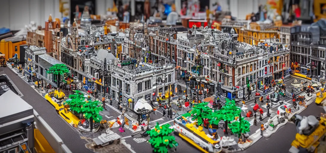 Prompt: detailed lego build of dublin city center on basement table, professional photo, professional lighting, HDR