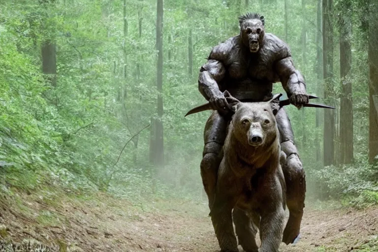 Image similar to vfx movie closeup detailed ancient armored warrior orc hunting riding large bear in the forest, natural lighting by emmanuel lubezki