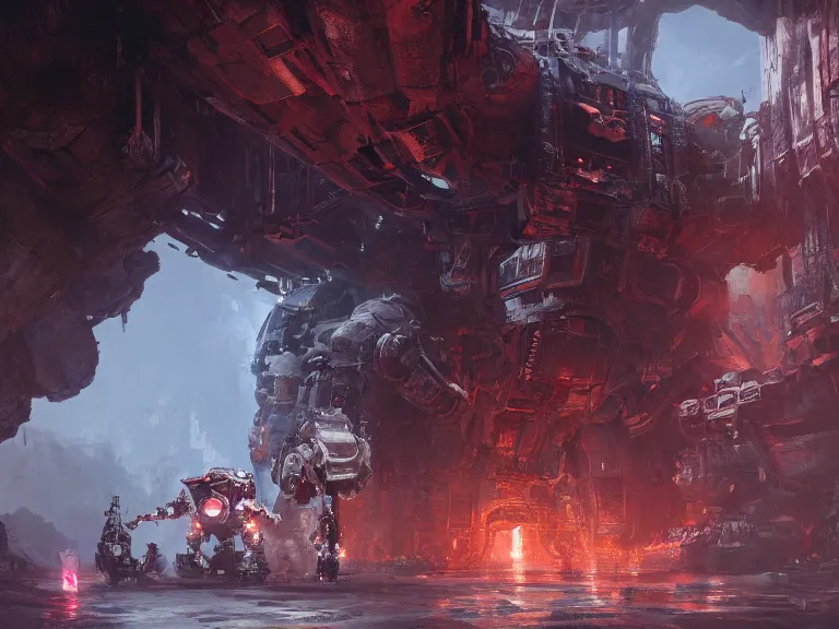 Prompt: a large battle robot stumbles through a cavernous landing bay after a battle, cinematic, dramatic lighting, intricate artwork by eddie mendoza and ross tran. Trending on artstation. 8k