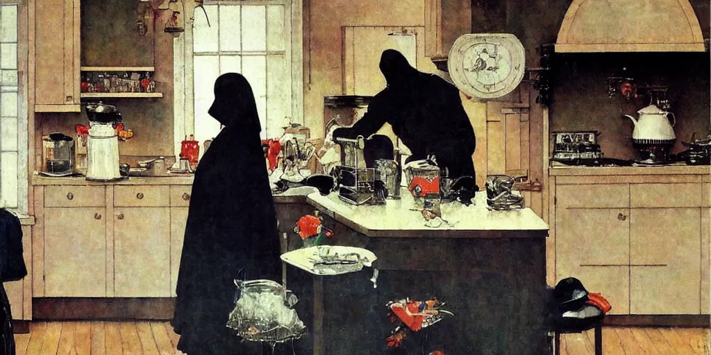 Image similar to grim reaper making coffee in a large kitchen, gorgeous painting, by norman rockwell, wholesome, holiday