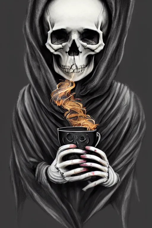 Prompt: Sad lonely skull faced Death is drinking tea, wearing cloak made of smoke and ashes, death is partly draped with bones, death is split in two with smoke, black cat sitting nect to death, fantasy, intricate, elegant, highly detailed, digital painting, artstation, woamn is curved, concept art, smooth, sharp focus, illustration, art by Ilja Repin
