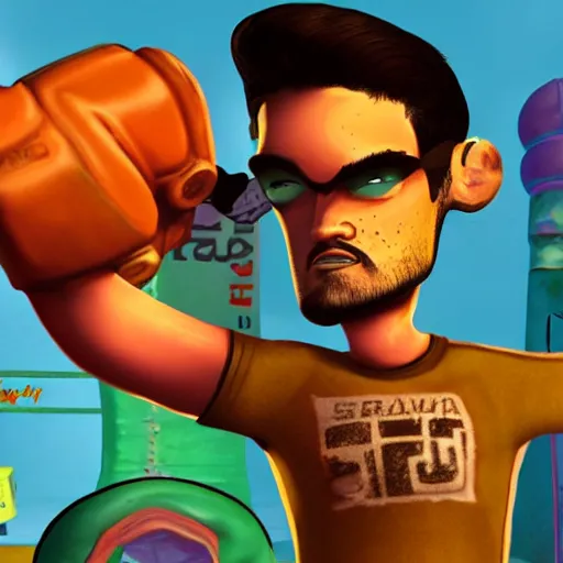 Image similar to character screenshot of ufc sean o'malley in psychonauts, rainbow hair dreadlocks, ps 3 video game, 3 d character render, dream world, 7 2 0 p, cutscene, cartoony designed by scott campbell