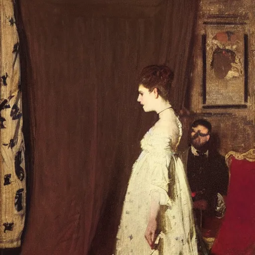 Image similar to a theatre actress waiting behind the curtain on stage, by alfred stevens