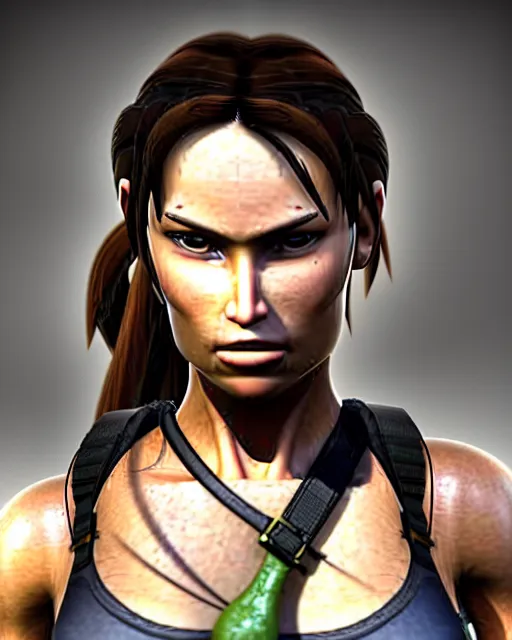 Image similar to portrait of lara croft, focus on her neck, looks thirsty, sweat and heat, muscular sweat