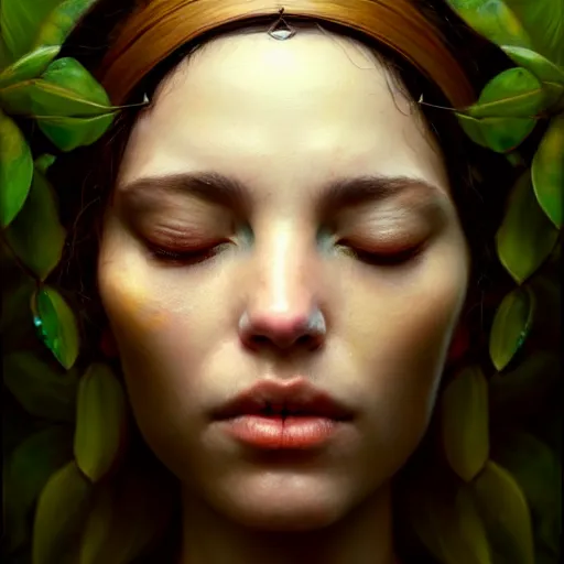 Image similar to a beautiful portrait of a plant goddess with closed eyes by Greg Rutkowski and Raymond Swanland, Trending on Artstation, ultra realistic digital art