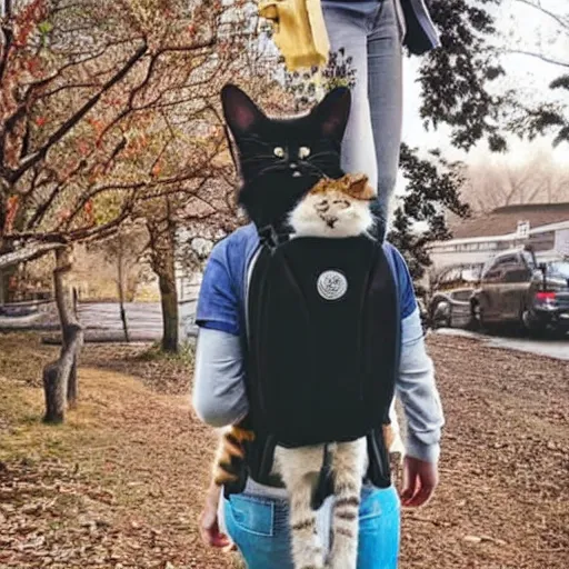 Prompt: a cat carrying a human in a pet backpack