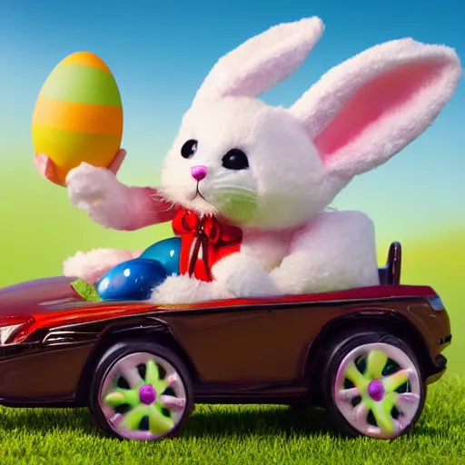 Image similar to easter bunny riding a convertible, studio photo, high quality