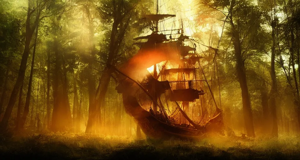Image similar to a pirate ship in the middle of a forest, atmospheric lighting, realistic