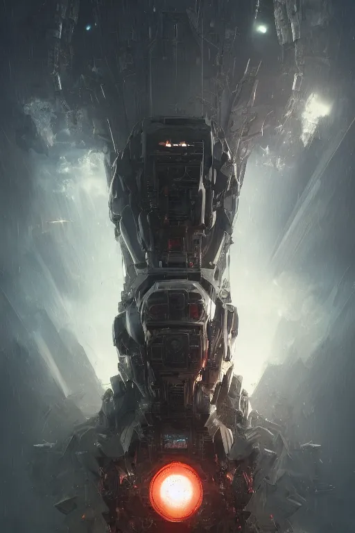 Image similar to A fancy portrait of a corrupted war machine by Greg Rutkowski, beeple, Sung Choi, Mitchell Mohrhauser, Maciej Kuciara, Johnson Ting, Maxim Verehin, Peter Konig, final fantasy, macro lens, 35mm, 8k photorealistic, cinematic lighting, HD, high details, dramatic, dark atmosphere, trending on artstation