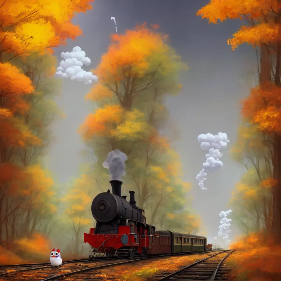 Image similar to Goro Fujita illustrating An antique steam train with a large white cloud coming out of the chimney travels through a beautiful autumn forest along the railroad tracks, art by Goro Fujita, concept art, sharp focus, ArtStation