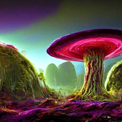 Image similar to A lovely picture of an alien landscape with mycelium aliens by John Berkey, forest made out of mushroom, purple and red and white gradient colour theme, trending on DeviantArt, rendered in blender, 8k resolution, Mountains, no green