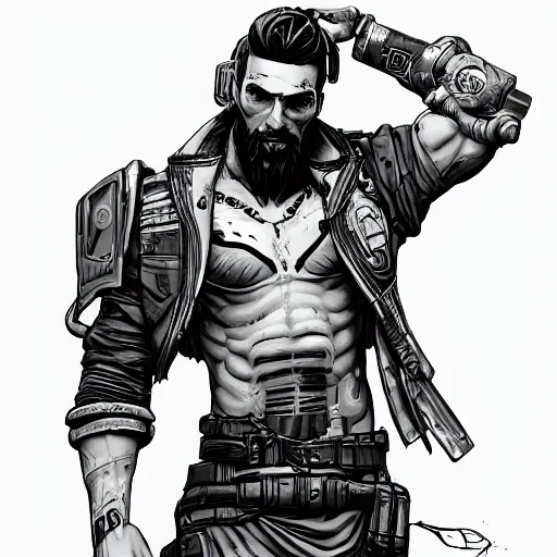 Image similar to concept art character, very high angle view, book cover, very attractive man with beard, walking in cyberpunk valley highly detailed full body, strong masculine features, sturdy body, command presence, royalty, smooth, sharp focus, organic, appealing, book cover, deep shadows, borderlands 3 style, extremely fine inking lines