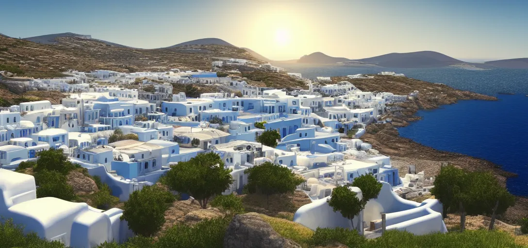 Image similar to beautiful peaceful grecian landscape in summer, blue skies, hills in the far background distance, sea reflecting of the sun, white buildings, mykonos, cinematic lighting, soft glow, wide angle, focus, 3 d artstation render, unreal engine