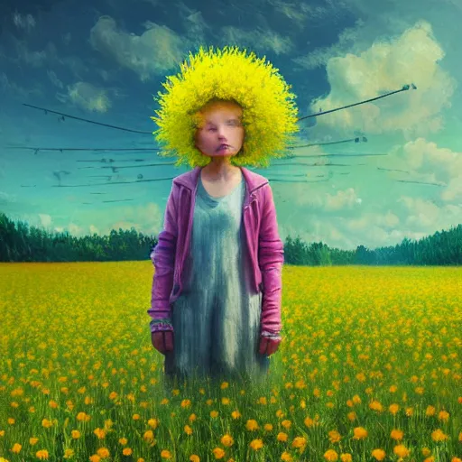 Image similar to girl with dandelion as a face, surreal photography, dream, standing in flower field, hills, big trees, sunrise dramatic light, impressionist painting, colorful clouds, digital painting, pointillism, artstation, simon stalenhag