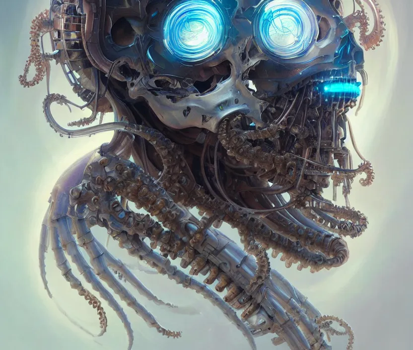 Image similar to Cyborg biomechanical jellyfish skull face portrait, sci-fi, highly detailed, digital painting, artstation, concept art, smooth, sharp focus, illustration, art by artgerm and greg rutkowski and alphonse mucha