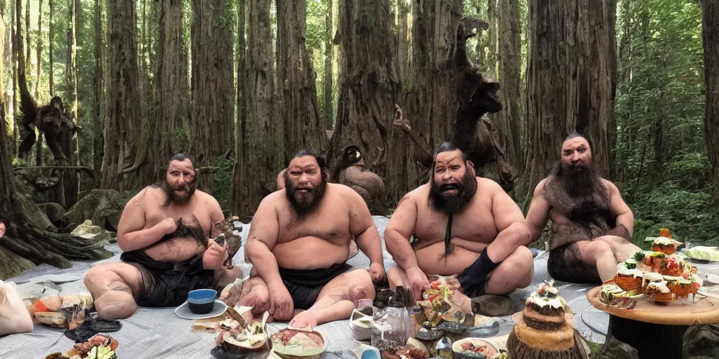 Image similar to photo, three hairy neanderthal people, sumo japanese, emma!! watson!! sitting among them, eating outside, surrounded by dinosaurs!, gigantic forest trees, sitting on rocks, bright moon, birthday cake on the ground, front view