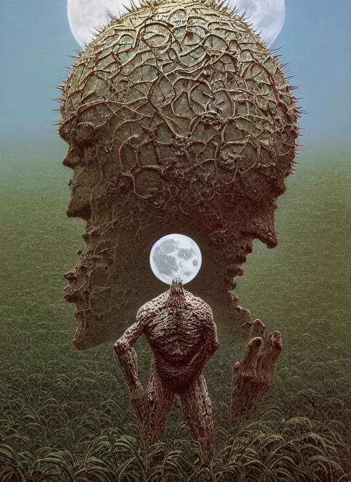 Image similar to blockchain headquater mother ginoid by zdzislaw beksinski and hajime sorayama lush plants and spiky bones everywhere, the moon is big as a the city, high fashion, magic details, by james jean, hd, 8 k, trending on artstation, uhd