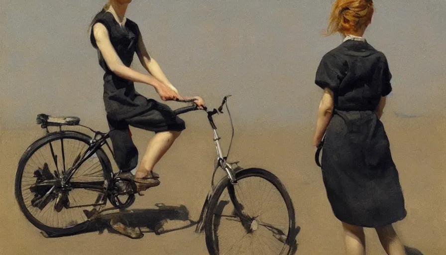 Prompt: painting by borremans, young woman riding a bike, detailed, stunning