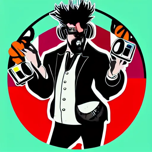 Image similar to svg vector sticker of absolutely insane-mad-scientist-villain, rocking out, wearing headphones, huge speakers, dancing, rave, DJ, spinning records, digital art, amazing composition, rule-of-thirds, award-winning, trending on artstation, featured on deviantart