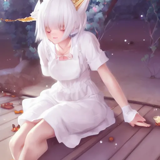 Image similar to realistic beautiful gorgeous natural cute young teenager girl white hair cute white cat ears in maid dress outfit golden eyes artwork drawn full HD 4K highest quality in artstyle by professional artists WLOP, Taejune Kim, Guweiz, ArtGerm on Artstation Pixiv